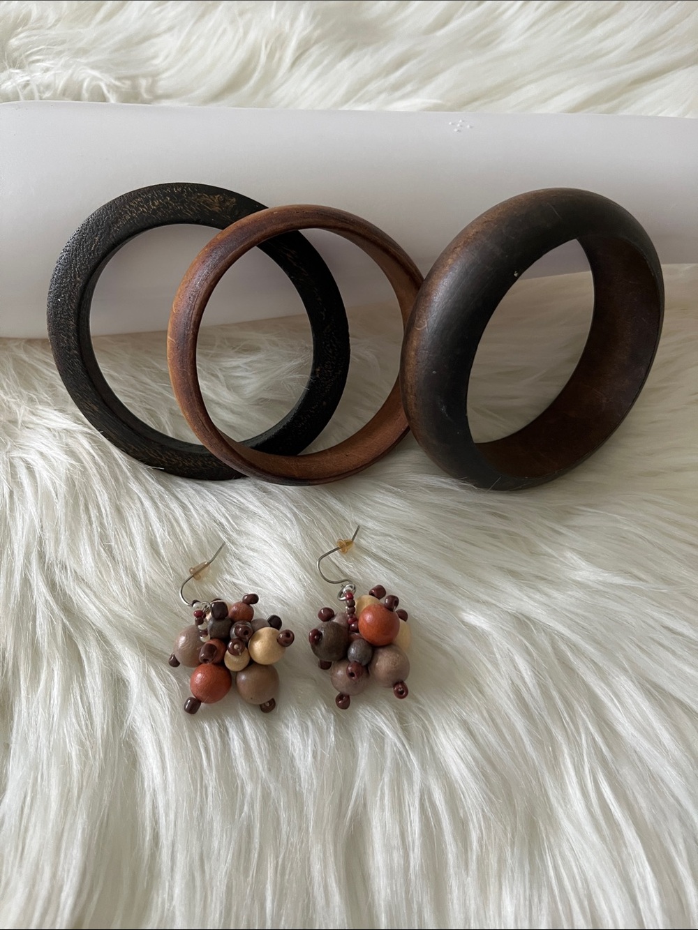Wooden Stacked Bangle Set with Brown Bead Drop Earrings